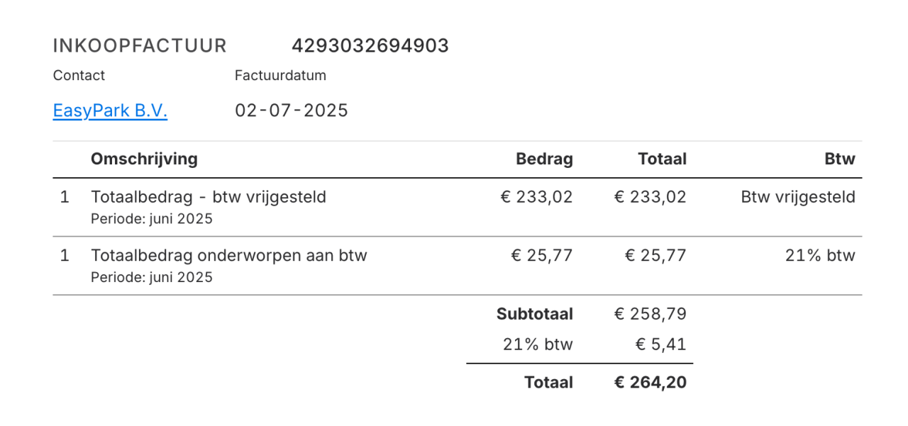 EasyPark factuur verwerkt door Easybooker