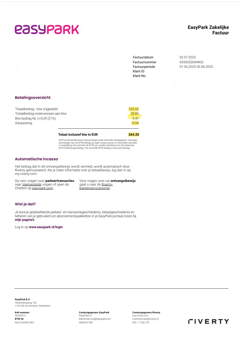 EasyPark factuur origineel